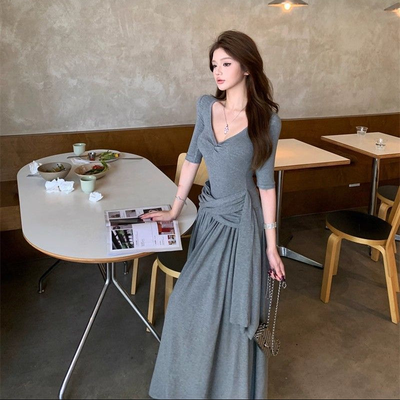 Knot Ribbon Slim-Fit Long Dress - Fashionnsio