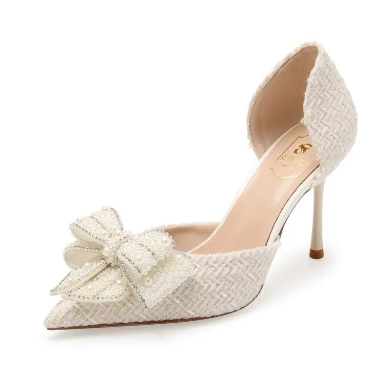 Crystal Bow Sequin Cloth Heels fashionnsio