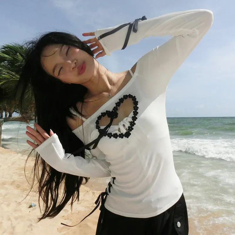 Y2K Off Shoulder Heart Bow Lace-up Top fashionnsio