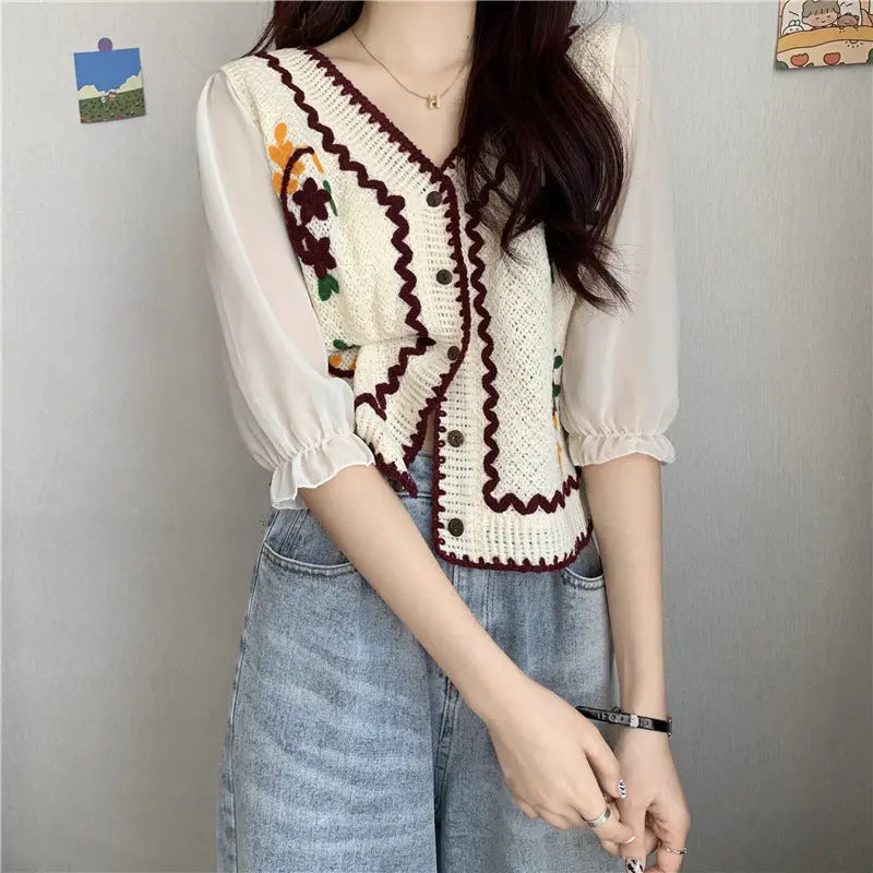 Flower Embroidery Crochet Cardigan/Top fashionnsio