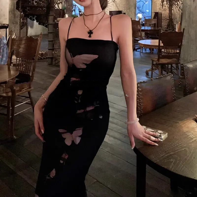 Butterfly Printed Bodycon Mesh Dress fashionnsio