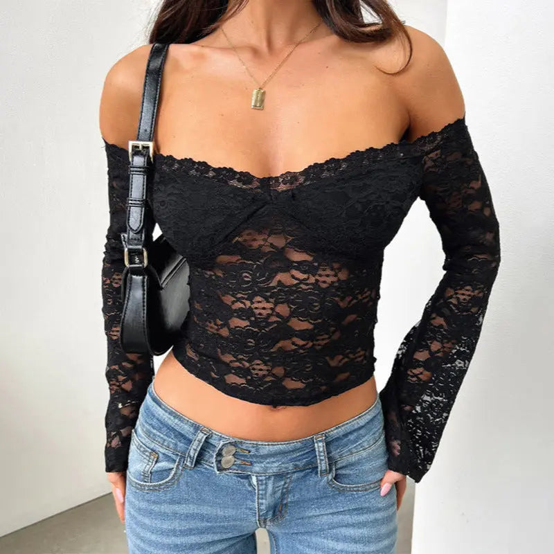 Lace Off-shoulder Long-sleeve Top fashionnsio