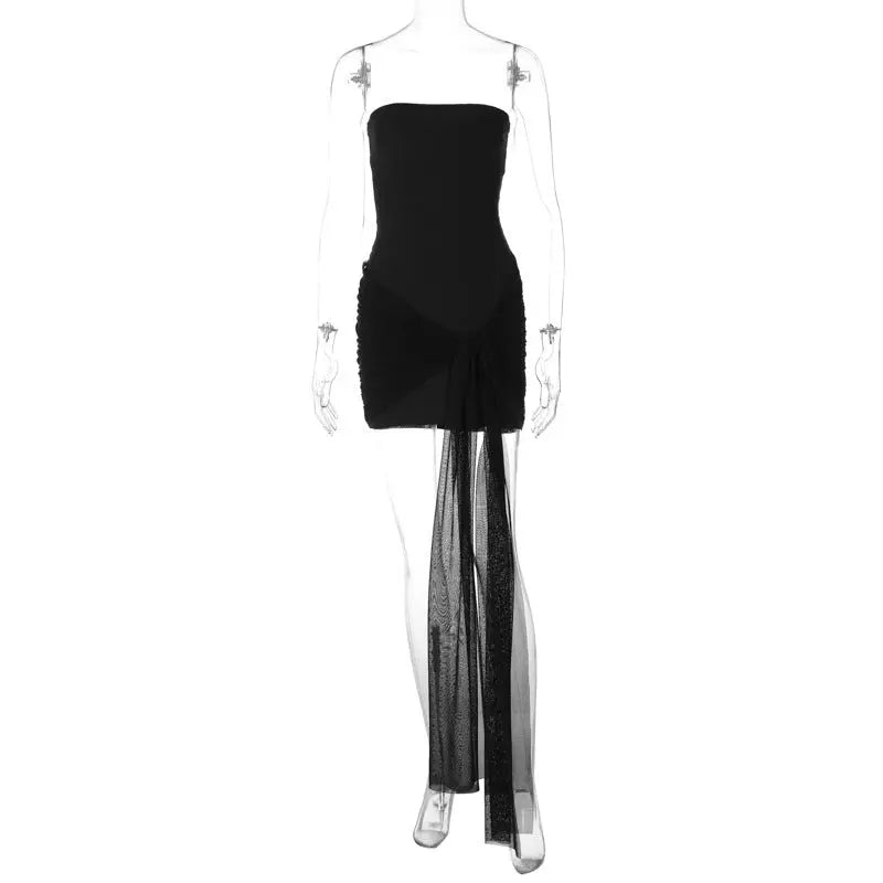 Mesh Long Ribbon Strapless Dress fashionnsio