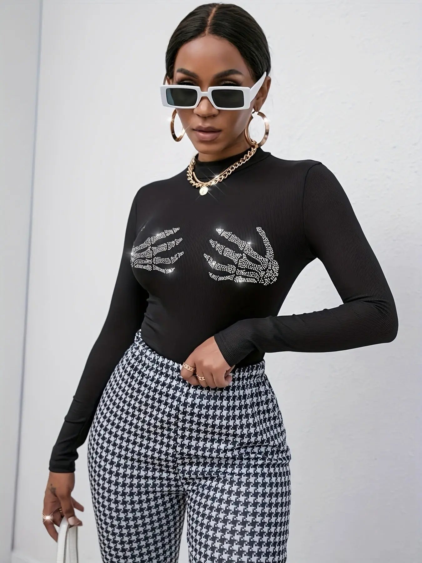 Rhinestone Hand Printed Knitted Top fashionnsio
