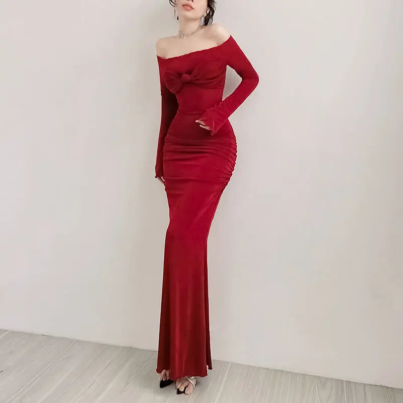 Bow Off Shoulder Long Bodycon Dress fashionnsio