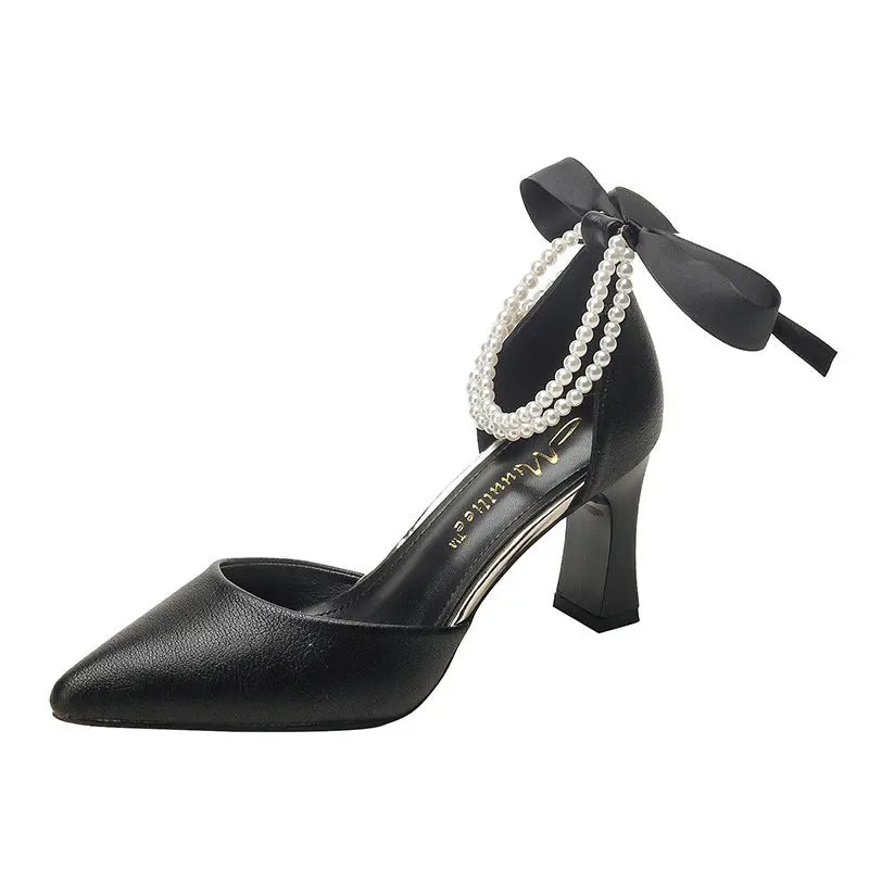 Fashion Pearl Ribbon Bow Heels fashionnsio