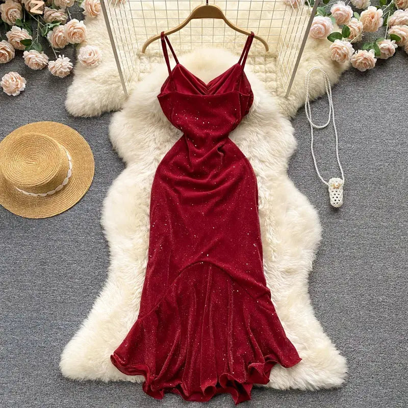 Glitter Pleated Bodycon Mermaid Dress fashionnsio