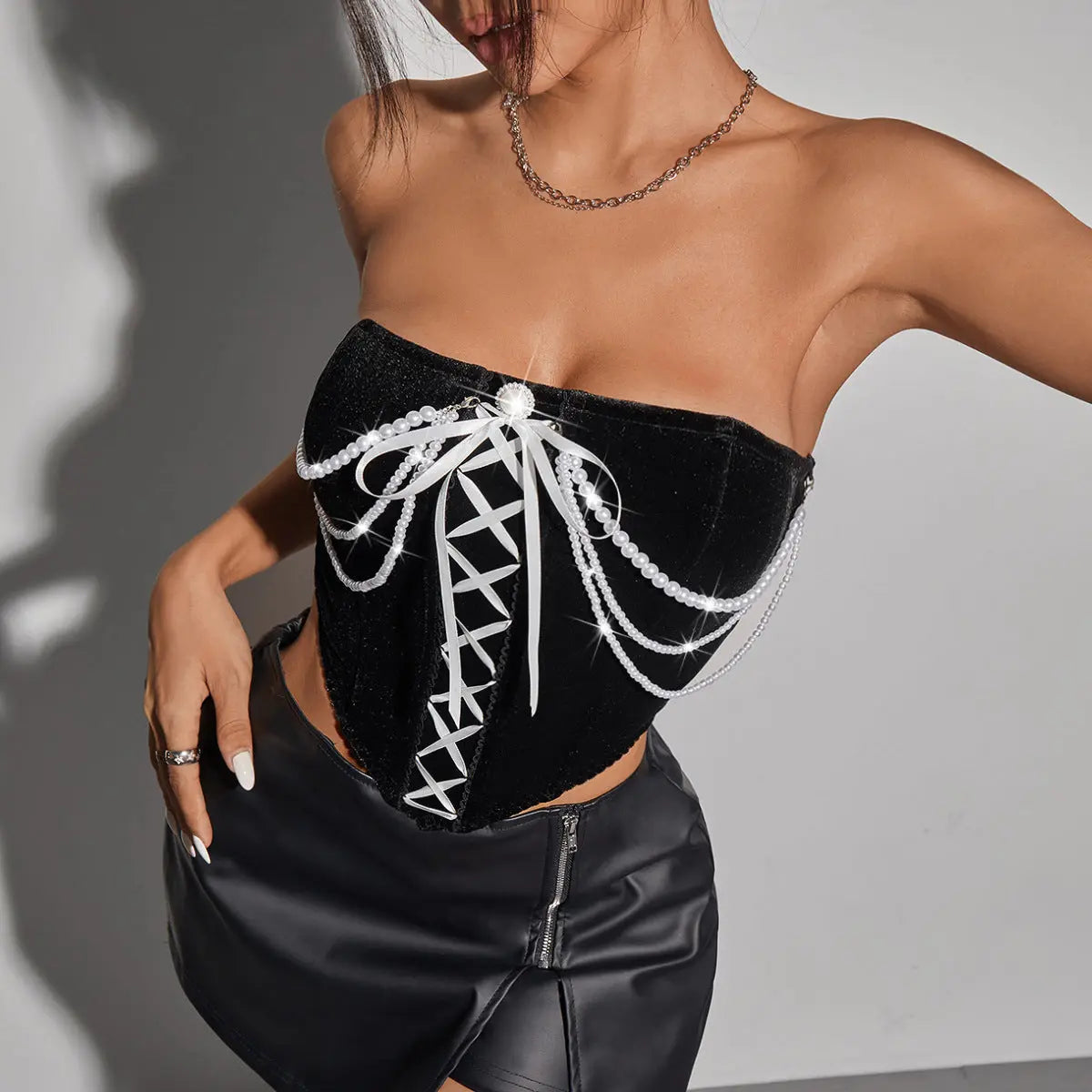 Pearl Ribbon Lace Up Corset Top fashionnsio