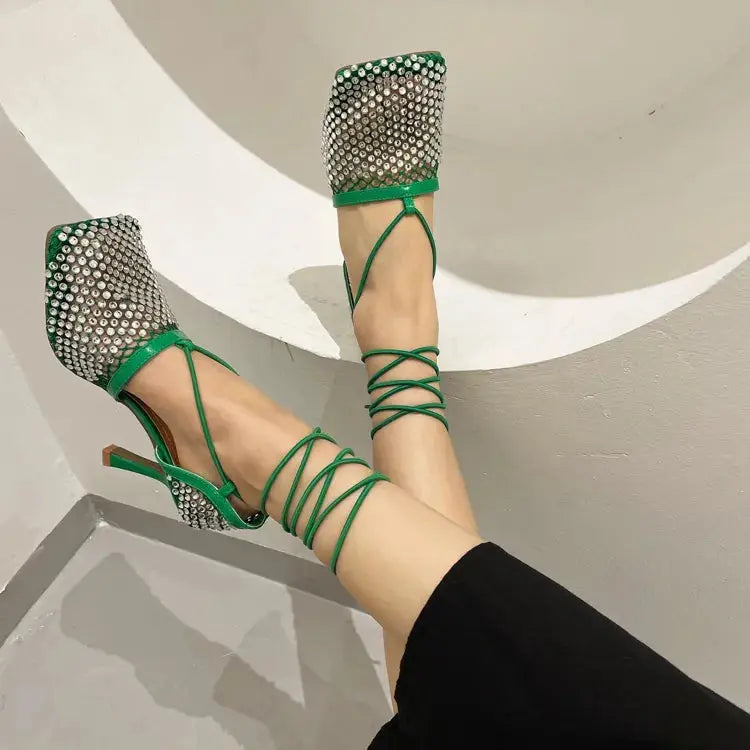 Fishnet Rhinestone Lace up Heels fashionnsio