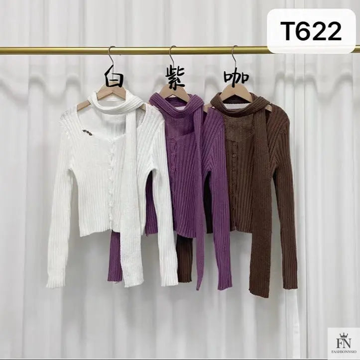 Knitted Button Sweater Top With Scarf - Fashionnsio