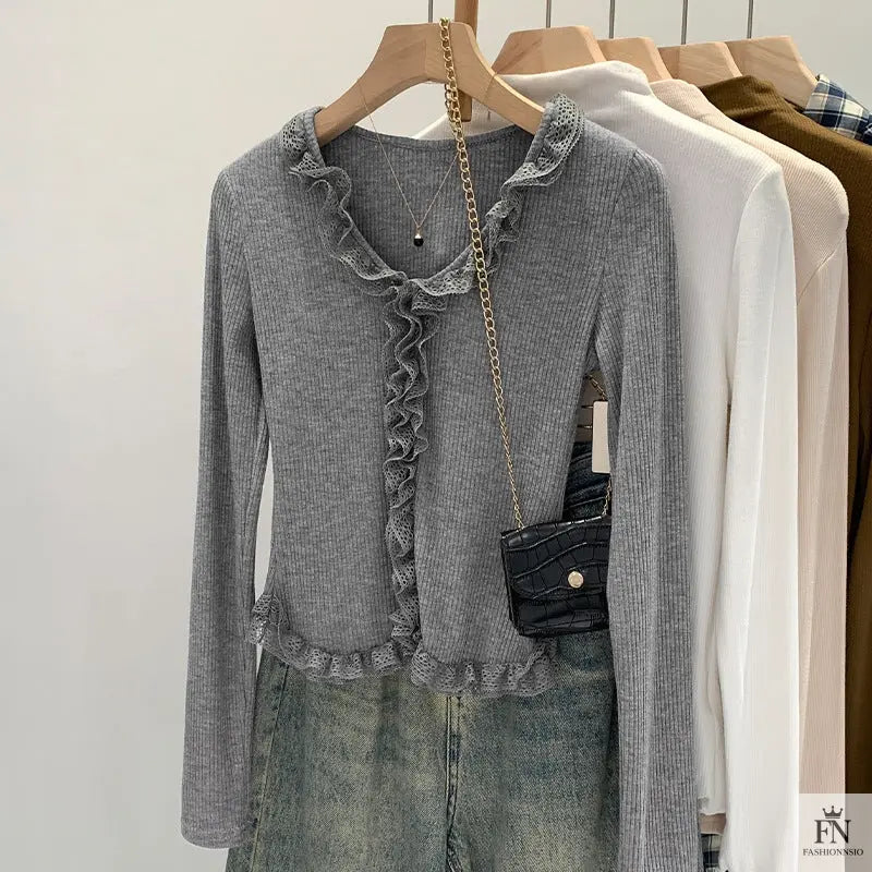 Lace Pleated Long Sleeve Knit Top - Fashionnsio