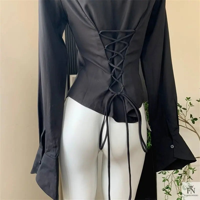 Lantern Sleeve Lace Up Fitted Shirt - Fashionnsio