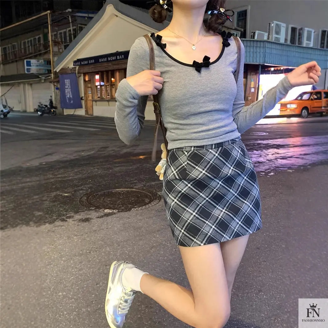 Long Sleeve Slim Fit Bow Top - Fashionnsio