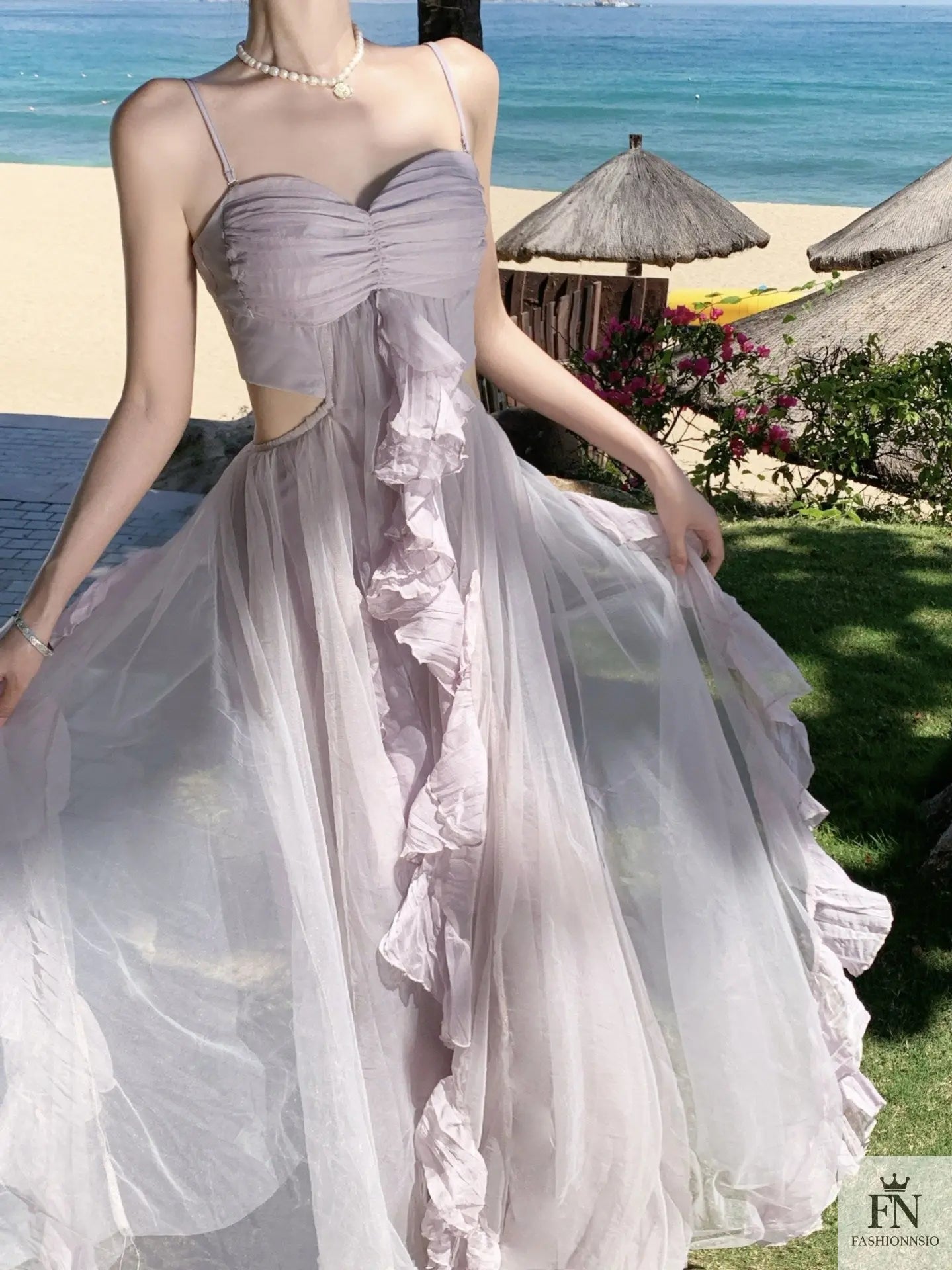 Mesh Ruffle Flared Maxi Dress - Fashionnsio