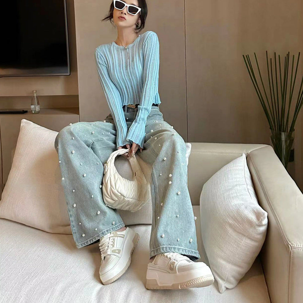 Pearl Embellish Wide Leg Jeans - Fashionnsio