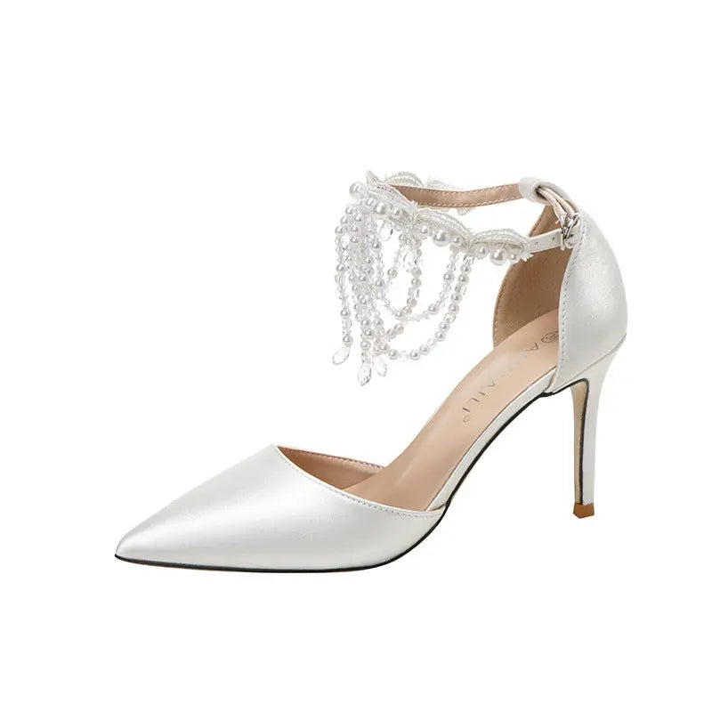 Pearl Tassel Satin Wedding Heel fashionnsio