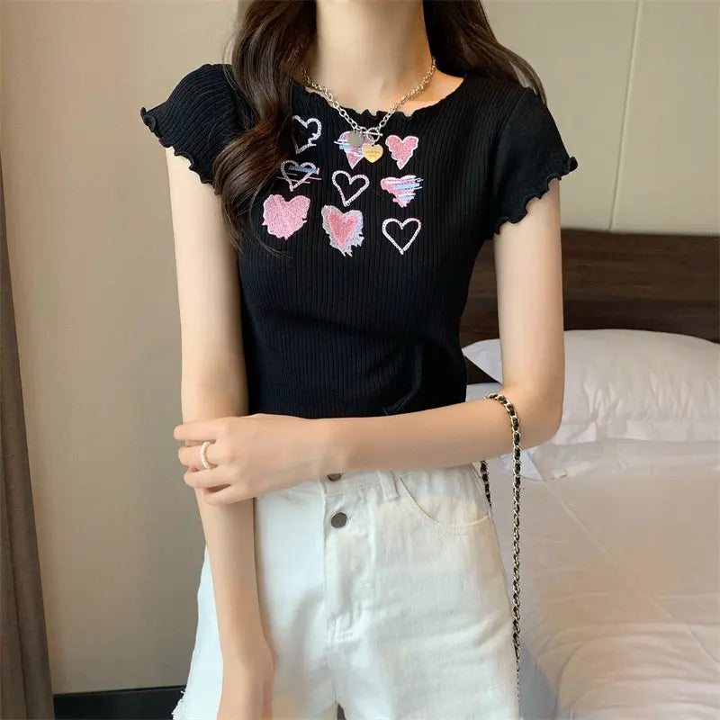 Heart Ruffle Knitted T-shirt Top fashionnsio