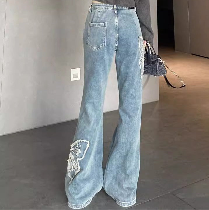 Lace Butterfly Wide Leg Jeans - Fashionnsio