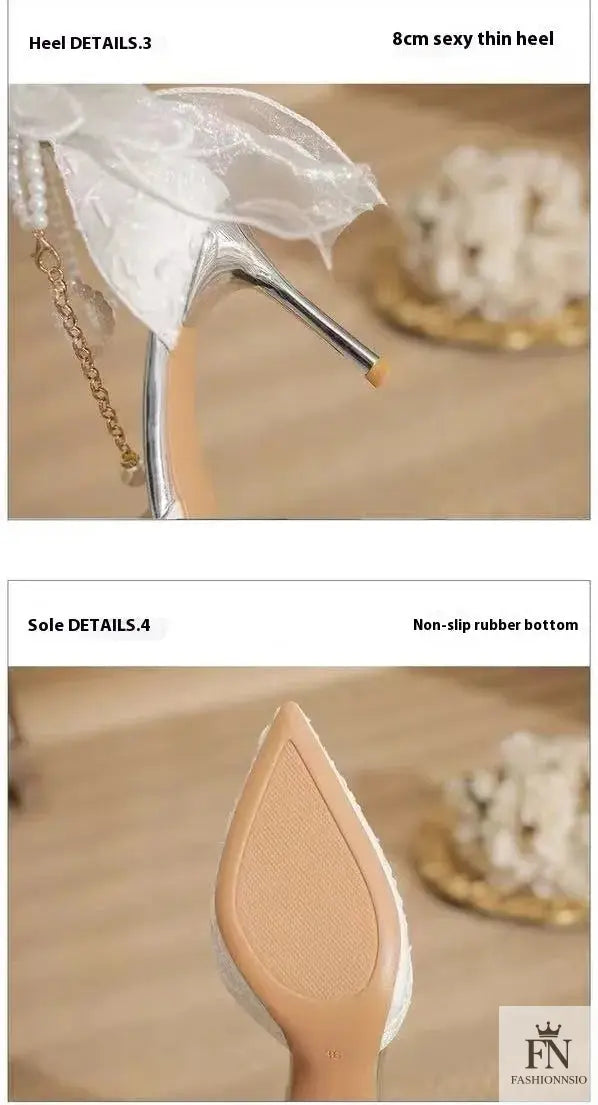 Pearl Strap Ribbon Bow Heels - Fashionnsio