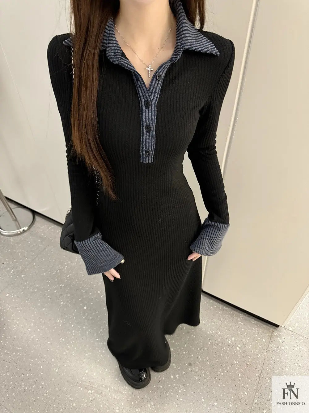 Polo Collar Button Long Dress - Fashionnsio