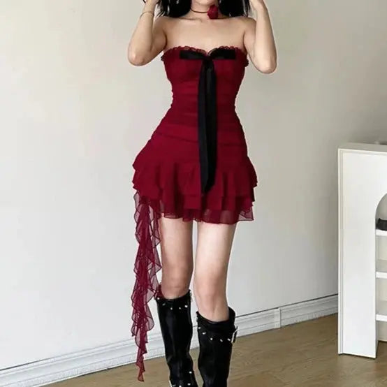 Bow Ruffle Mesh Strapless Dress fashionnsio