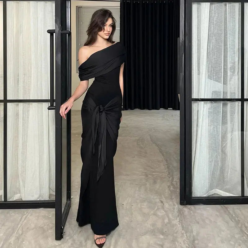 Off Shoulder Ribbon Fold Long Dress fashionnsio