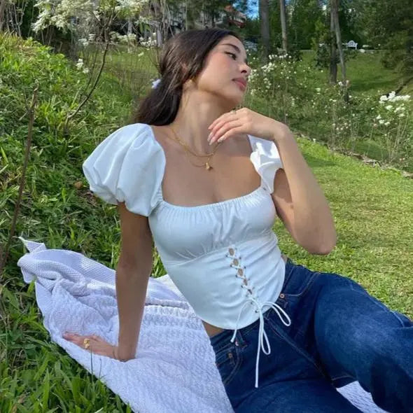 Puff Sleeve Lace Up Top fashionnsio