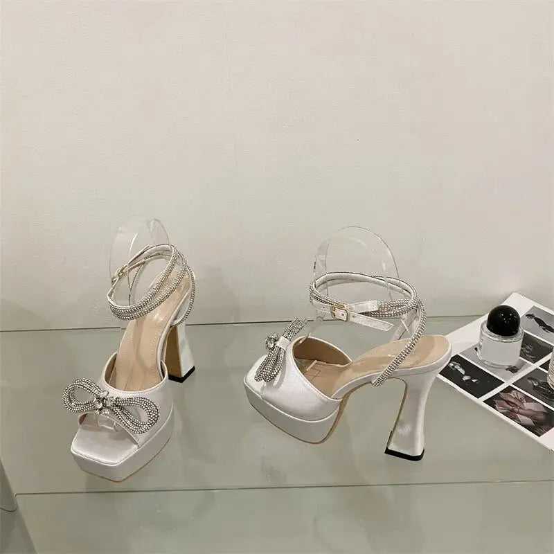 Satin Crystal Bow Knot Platform Heels fashionnsio