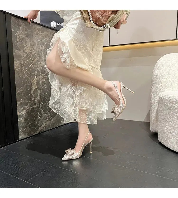 Sequin Rhinestone Bow Pointed Heels fashionnsio