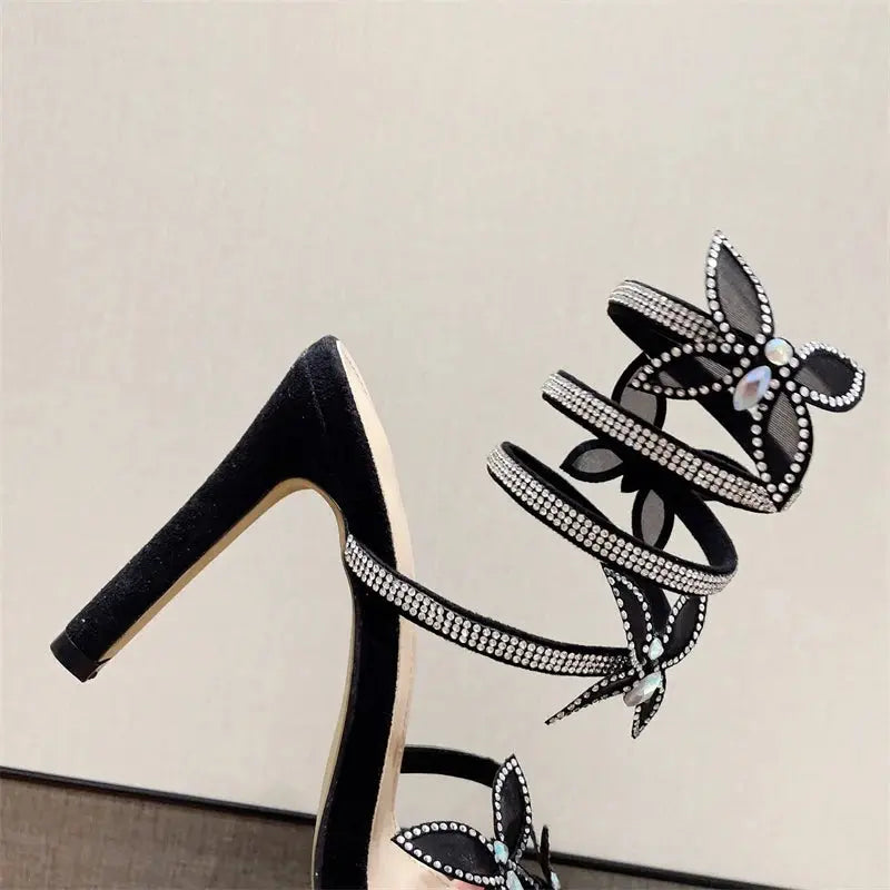 Butterfly Rhinestone Snake Wrapped Heels fashionnsio