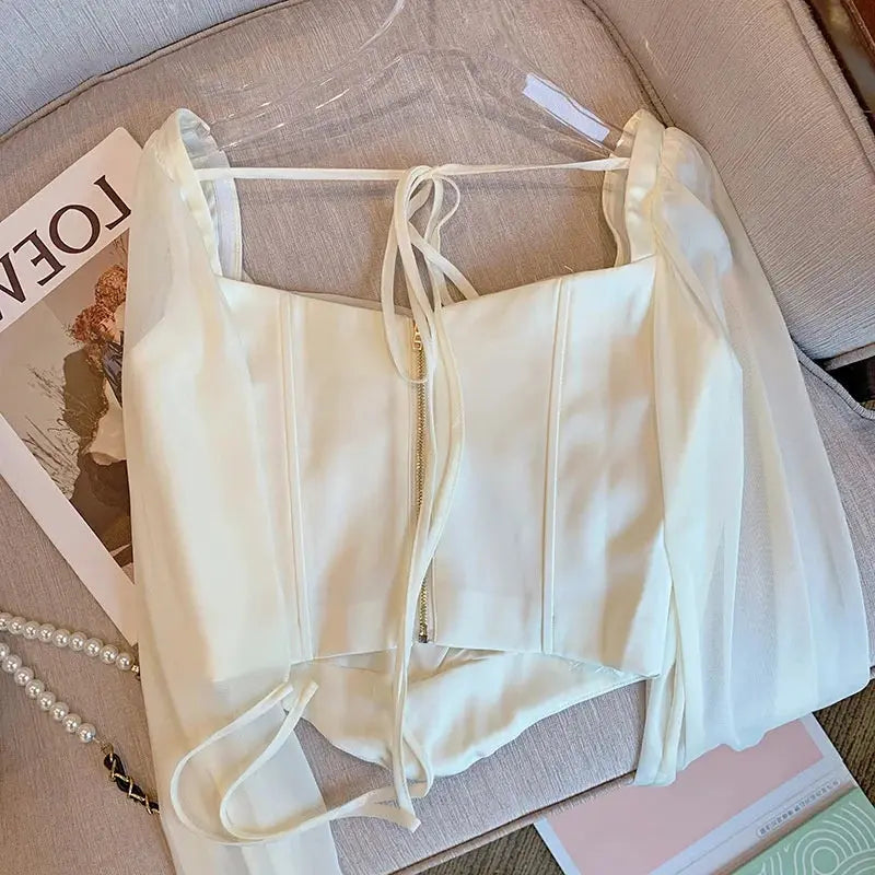 Puff Sleeve Button Corset Top fashionnsio