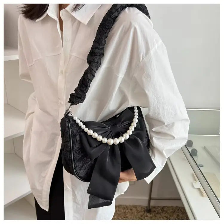 Pearl Bow Lace Shoulder Bags fashionnsio
