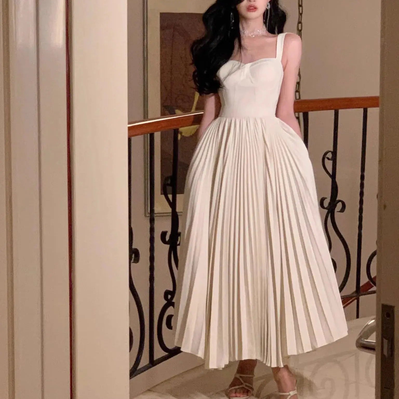 Gown Dress - Pleated Long Dress - Korean Fashion Beige / S Gown Dress - Pleated Long Dress - Korean Fashion Beige / S