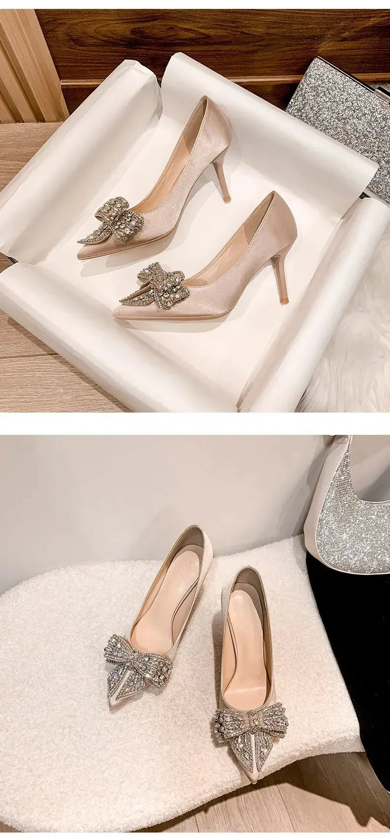 Satin Bow Knot Crystal High Heels fashionnsio