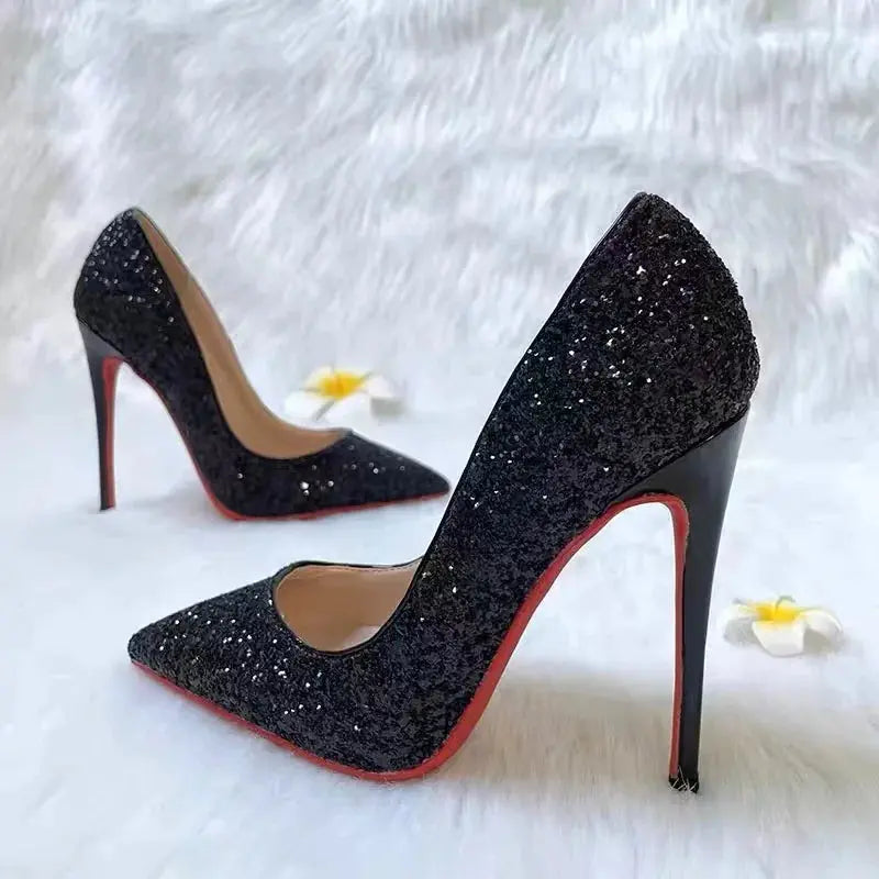 Sequined Pointed Stiletto Heels With Red Background fashionnsio
