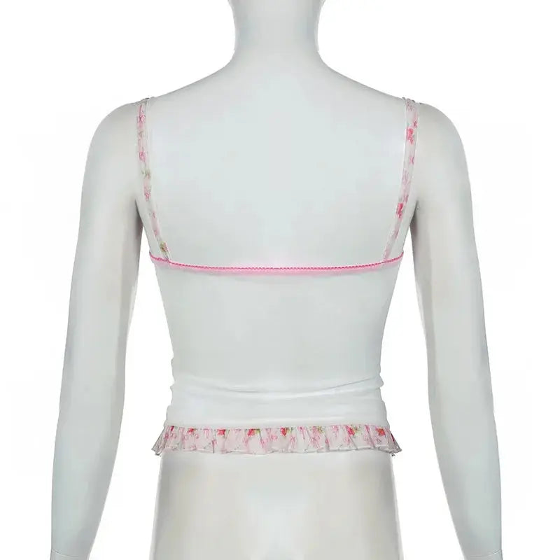 Bow Printed Mesh Ruffle Top fashionnsio