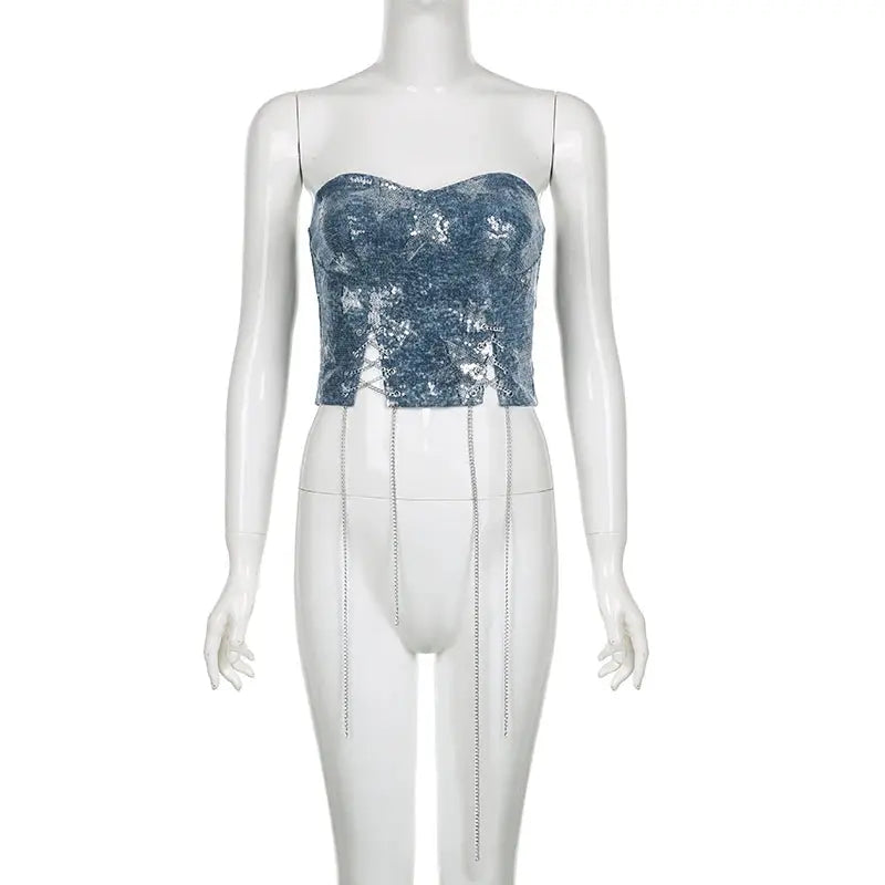 Sequins Star Chain Lace Up Top fashionnsio