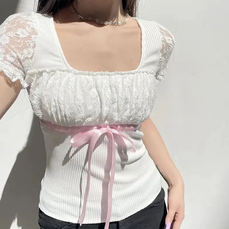 Ribbon Bow Lace Patchwork Top fashionnsio