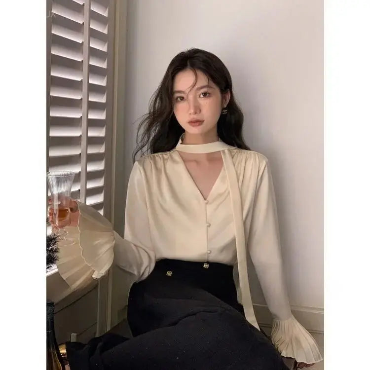 Flare Sleeve Ribbon Scarf Blouse Top fashionnsio