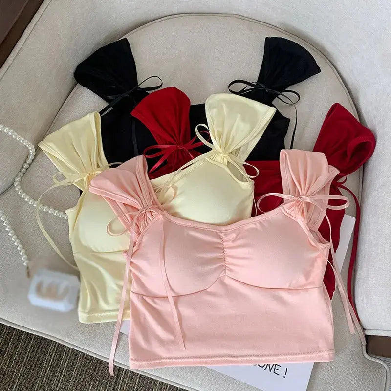 Pleated Bow Strap Crop Top fashionnsio