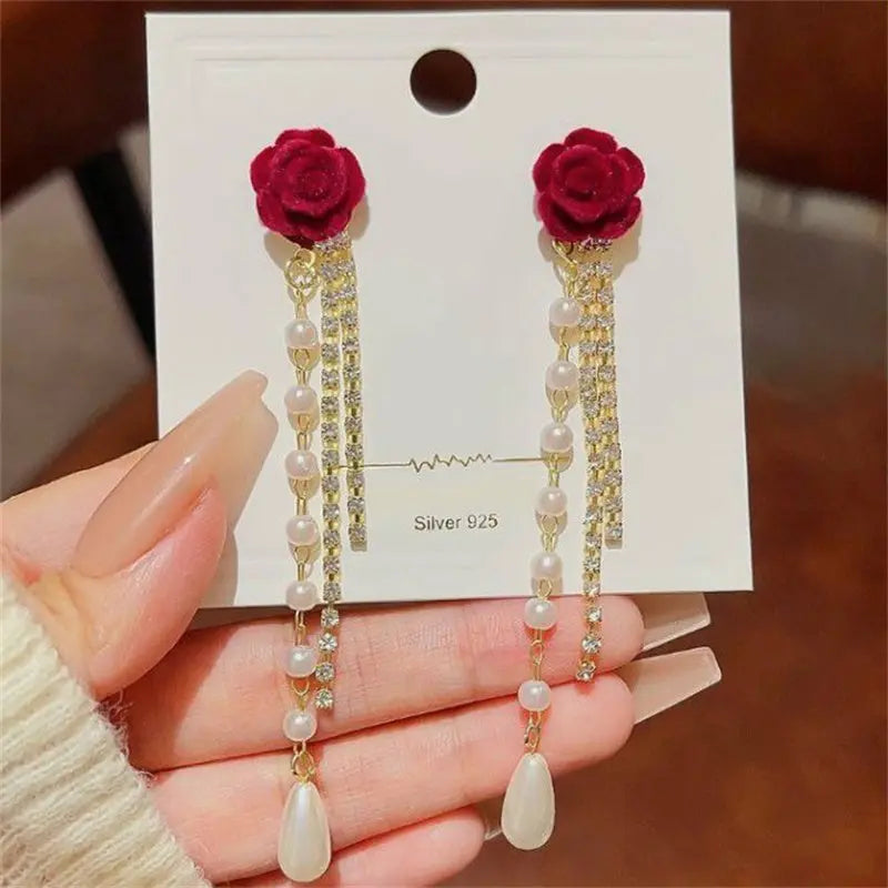 Red Rose Pearl Diamond Tassel Earrings fashionnsio