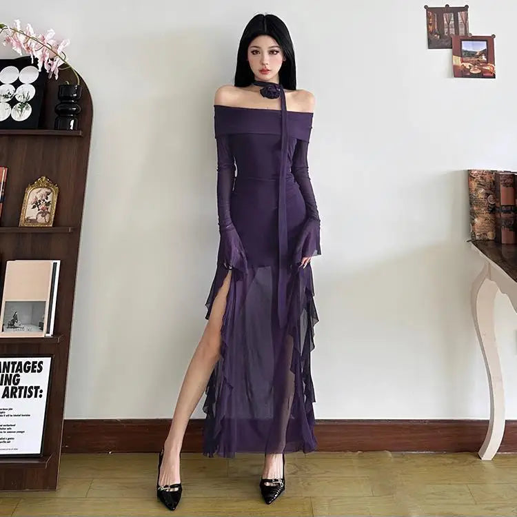 Off Shoulder Mesh Ruffle Dress - Fashionnsio