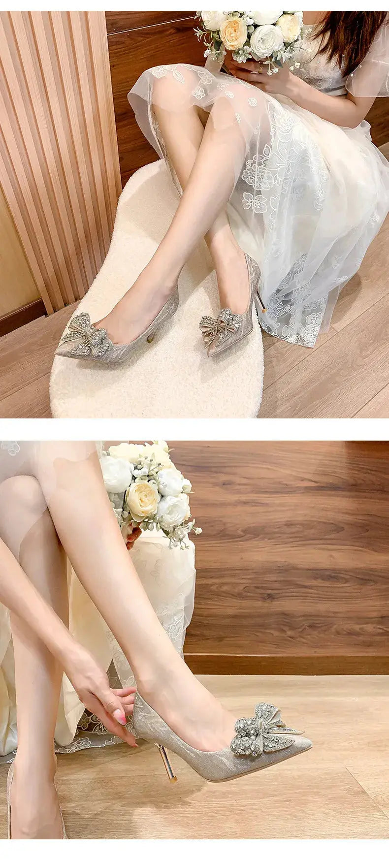 Butterfly Knot Sequin Crystal Heels fashionnsio