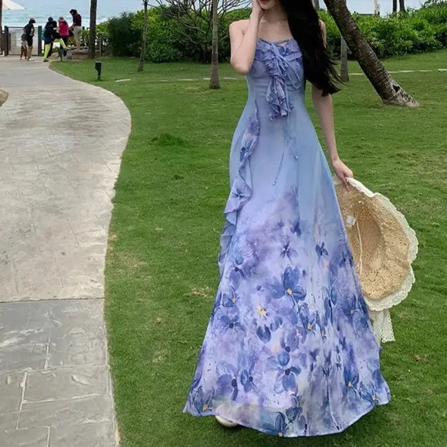 Ruffle Floral Printed Fairy Long Dress fashionnsio