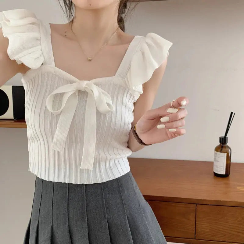 Ruffle Lace Up Knitted Top fashionnsio
