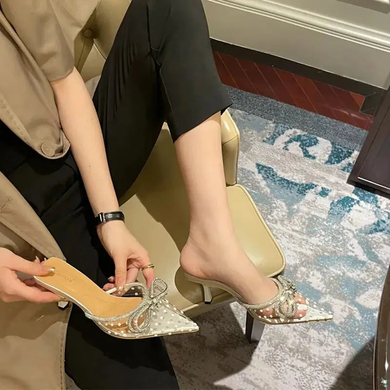 Rhinestone Bowknot Polka Dot Heels fashionnsio