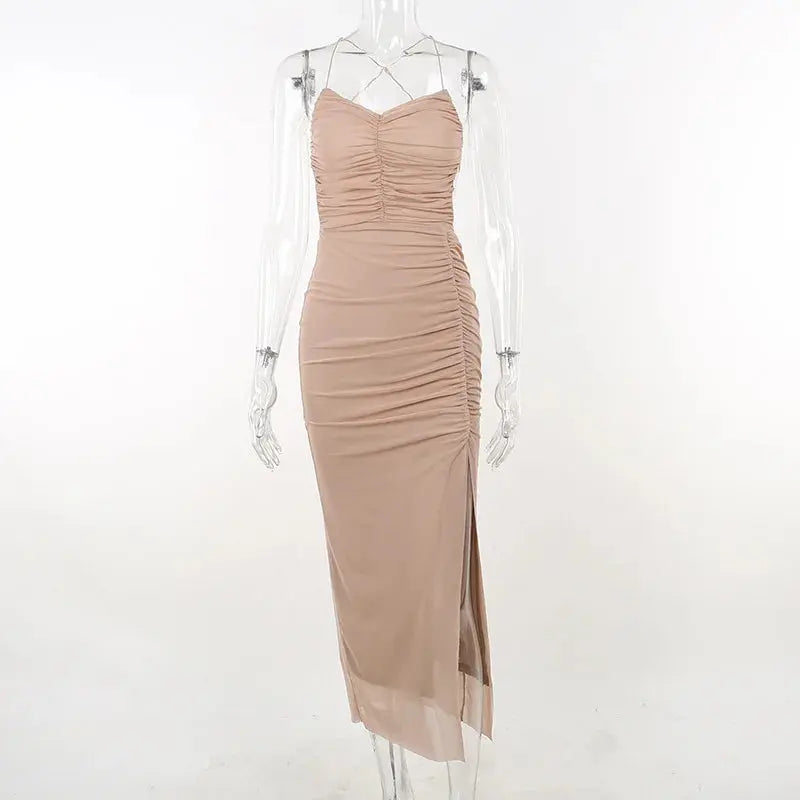 Pleated Backless Bodycon Slit Dress fashionnsio