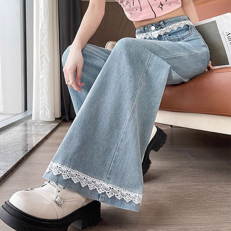 Wide Leg Trim Lace Jeans - Fashionnsio