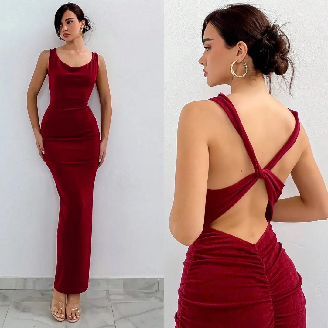 Bodycon Dress - Pleated Backless Long Red Dress Fashionnsio Bodycon Dress - Pleated Backless Long Red Dress Fashionnsio