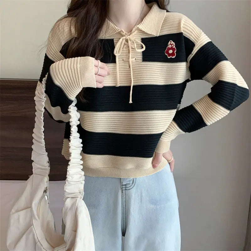 Striped Knitted Lace-up Sweater Top fashionnsio